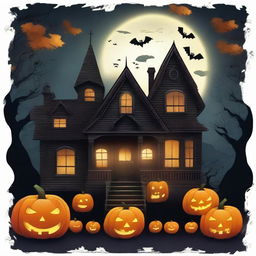 A spooky Halloween scene featuring a haunted house with glowing windows, carved pumpkins with eerie faces, flying bats, and a full moon in the background