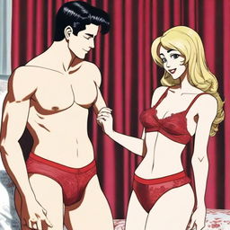 A slender white man with a crossdressing appearance is wearing red lace lingerie, including panties and a bra, while his wife is smiling at him