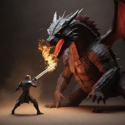 A brave knight, created from paper and wielding a pen as a sword, facing down a fearsome dragon. This extraordinary scene captures the clash between the delicate paper knight and the formidable, fire-breathing beast.