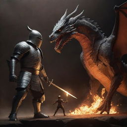 A brave knight, created from paper and wielding a pen as a sword, facing down a fearsome dragon. This extraordinary scene captures the clash between the delicate paper knight and the formidable, fire-breathing beast.