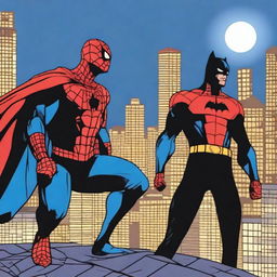 Spiderman and Batman are hanging out together in a cityscape at night