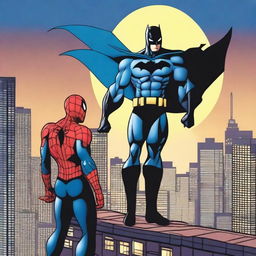 Spiderman and Batman are hanging out together in a cityscape at night