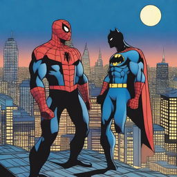 Spiderman and Batman are hanging out together in a cityscape at night