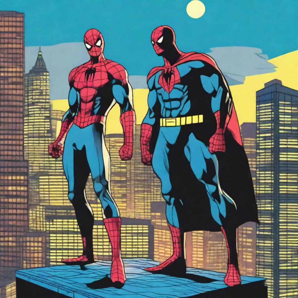 Spiderman and Batman are hanging out together in a cityscape at night