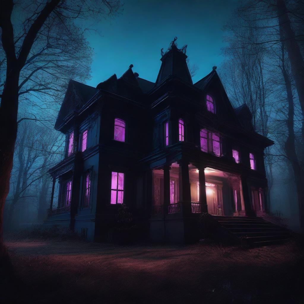 A dark, creepy mansion near the edge of a dense forest