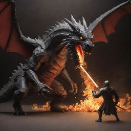 A brave knight, created from paper and wielding a pen as a sword, facing down a fearsome dragon. This extraordinary scene captures the clash between the delicate paper knight and the formidable, fire-breathing beast.