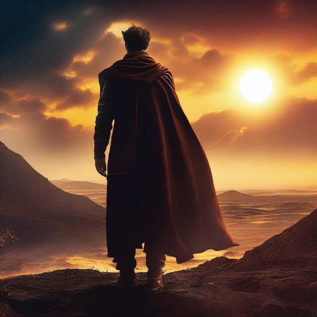 Create a captivating movie poster featuring a dramatic scene with a hero standing against a sunset background