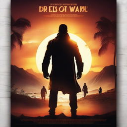 Create a captivating movie poster featuring a dramatic scene with a hero standing against a sunset background