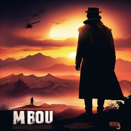 Create a captivating movie poster featuring a dramatic scene with a hero standing against a sunset background