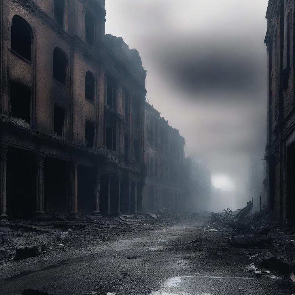 A haunting and eerie scene of a burnt street filled with the dead