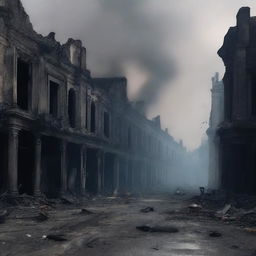 A haunting and eerie scene of a burnt street filled with the dead