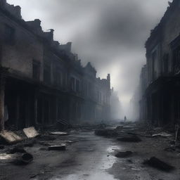 A haunting and eerie scene of a burnt street filled with the dead