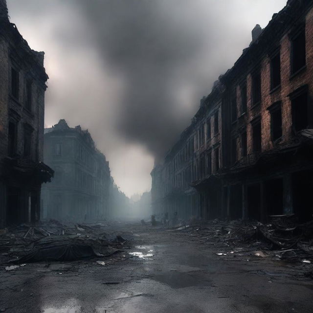 A haunting and eerie scene of a burnt street filled with the dead