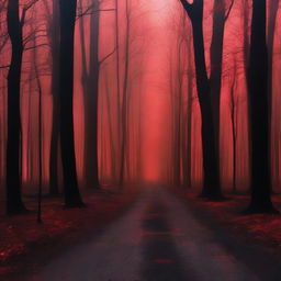 A haunting scene of a burnt street in the woods, with eerie red shades casting an ominous glow