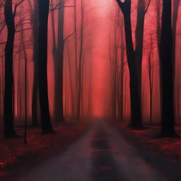 A haunting scene of a burnt street in the woods, with eerie red shades casting an ominous glow