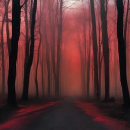 A haunting scene of a burnt street in the woods, with eerie red shades casting an ominous glow