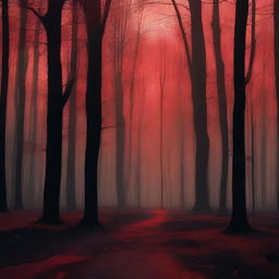 A haunting scene of a burnt street in the woods, with eerie red shades casting an ominous glow