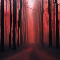 A haunting scene of a burnt street in the woods, with eerie red shades casting an ominous glow