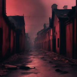 A haunting scene of a burned street in a village with houses, all covered in eerie red shades