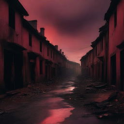 A haunting scene of a burned street in a village with houses, all covered in eerie red shades