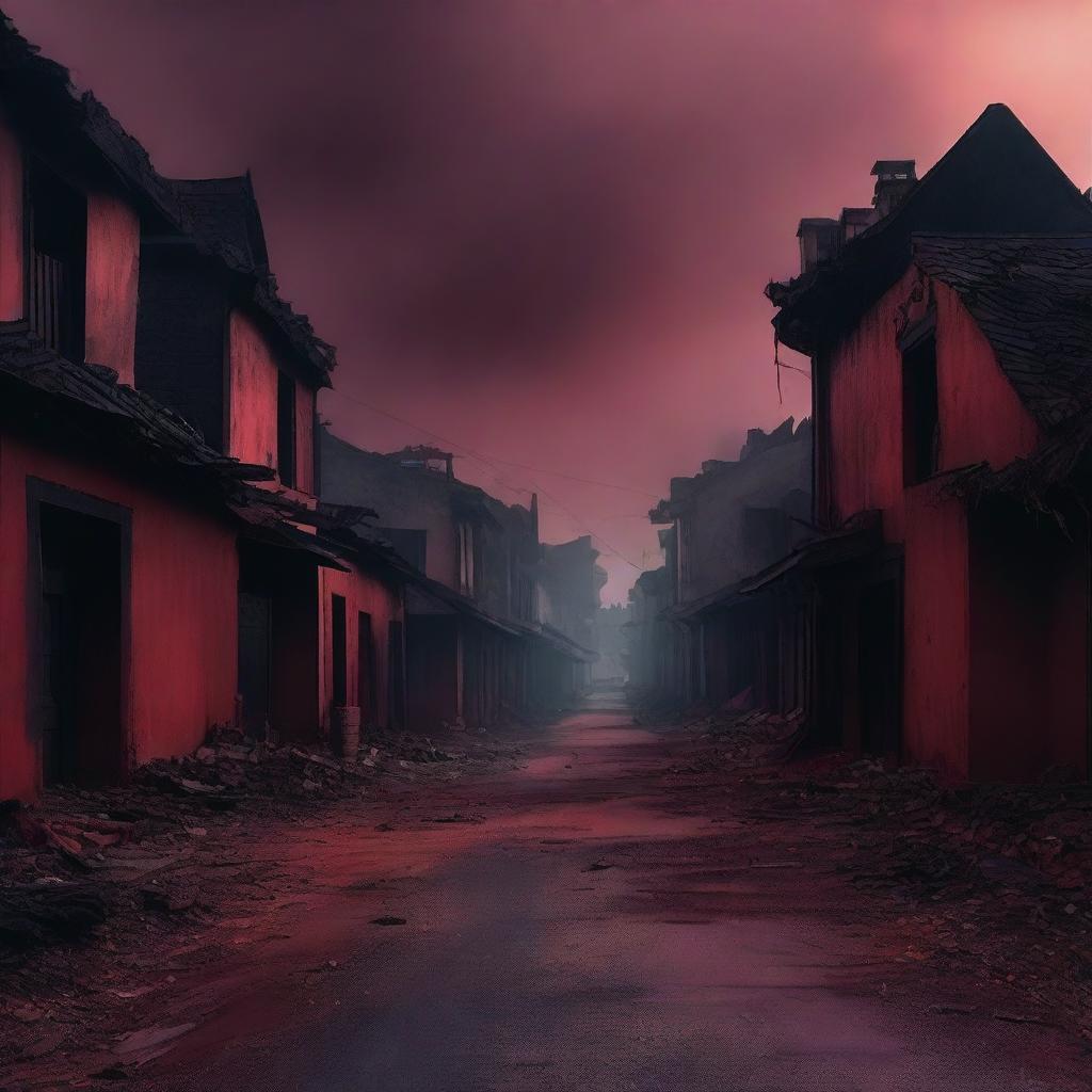 A haunting scene of a burned street in a village with houses, all covered in eerie red shades