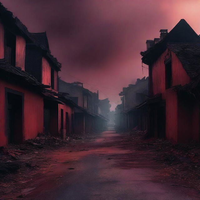 A haunting scene of a burned street in a village with houses, all covered in eerie red shades