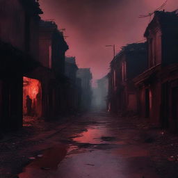 A haunting scene of a burned street in a village with houses, all covered in eerie red shades