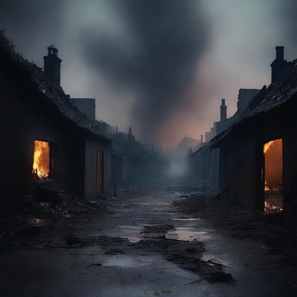 A haunting scene of a burned street in a village with houses