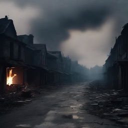 A haunting scene of a burned street in a village with houses