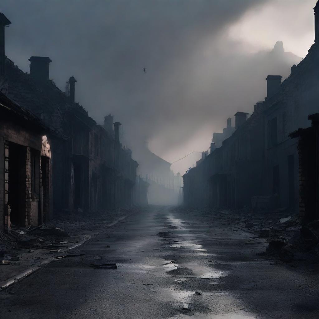 A haunting scene of a burned street in a village with houses