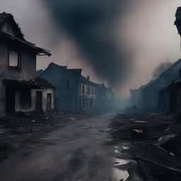 A haunting scene of a burned street in a village with houses