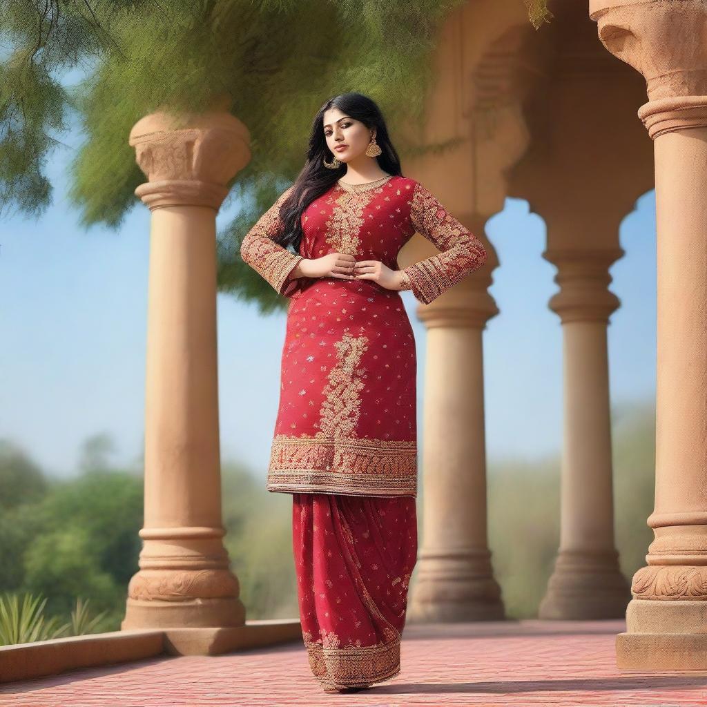 A beautiful, curvy Indian woman with thick legs, wearing traditional attire and standing in a serene outdoor setting