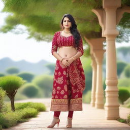 A beautiful, curvy Indian woman with thick legs, wearing traditional attire and standing in a serene outdoor setting