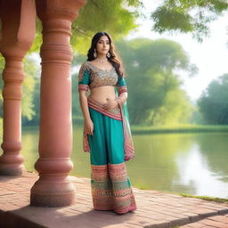 A beautiful, curvy Indian woman with thick legs, wearing traditional attire and standing in a serene outdoor setting