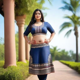 A beautiful, curvy Indian woman with thick legs, wearing traditional attire and standing in a serene outdoor setting