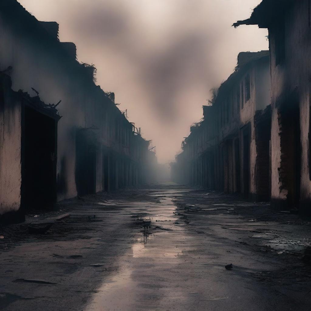 A haunting scene of a burned street in a village with charred houses