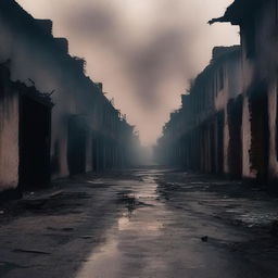 A haunting scene of a burned street in a village with charred houses