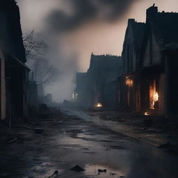 A haunting scene of a burned street in a village with charred houses