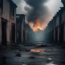 A haunting scene of a burned street in a village with charred houses