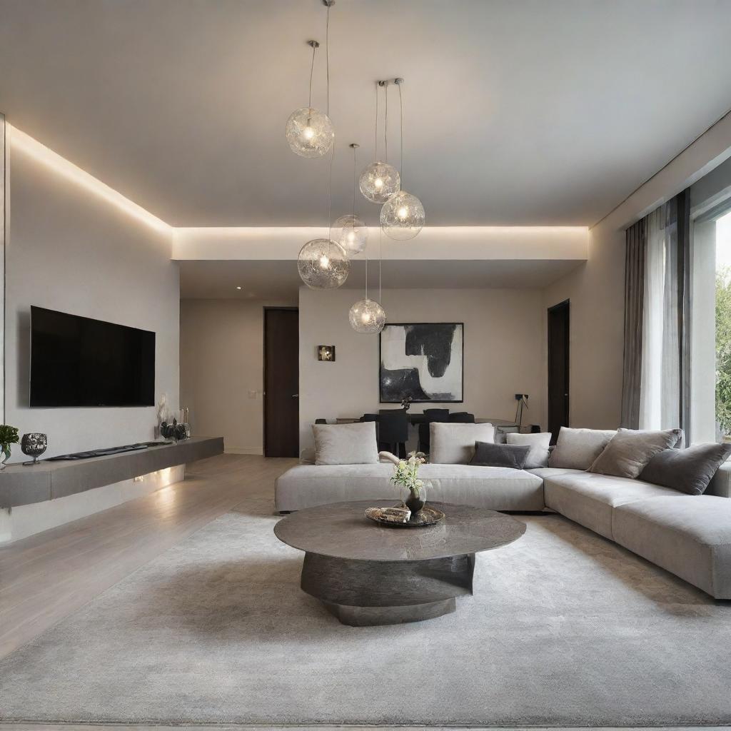 A luxurious living room, designed in a modern style, featuring suspended contemporary lighting and sleek furnishings.