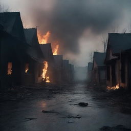 A haunting scene of a burned street in a village with charred houses