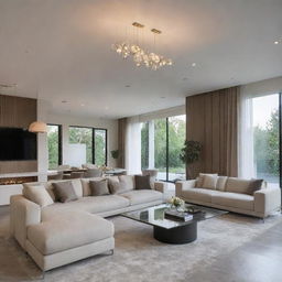 A luxurious living room, designed in a modern style, featuring suspended contemporary lighting and sleek furnishings.