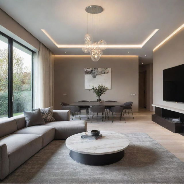 A luxurious living room, designed in a modern style, featuring suspended contemporary lighting and sleek furnishings.