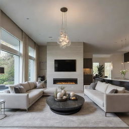 A luxurious living room, designed in a modern style, featuring suspended contemporary lighting and sleek furnishings.