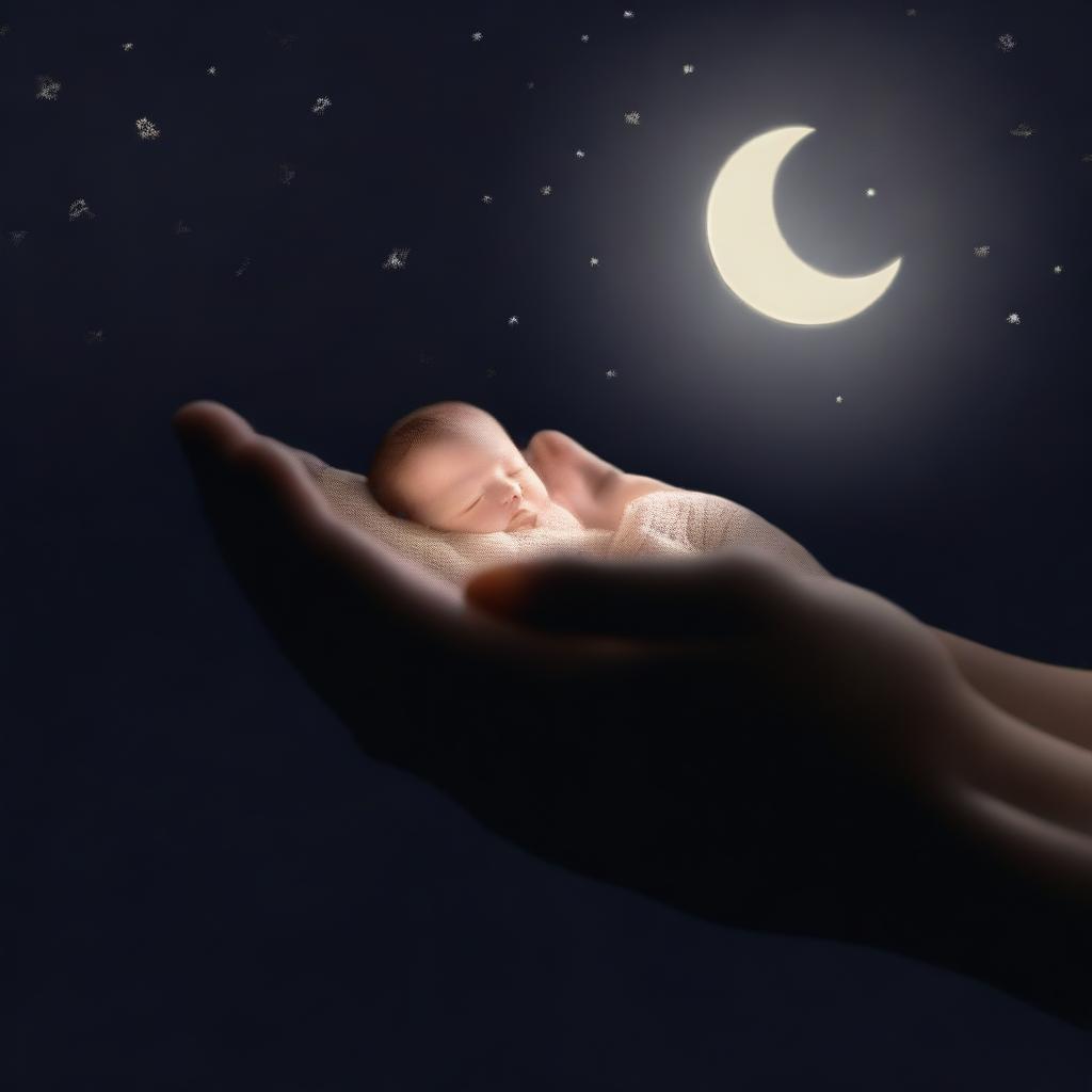 A hand holding a baby illuminated by a faint new moon