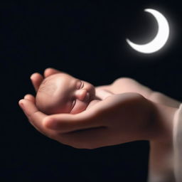 A hand holding a baby illuminated by a faint new moon