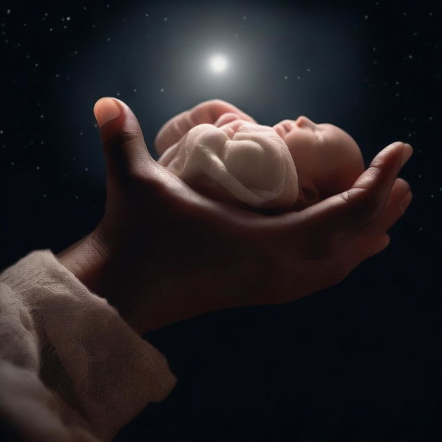 A hand holding a baby illuminated by a faint new moon