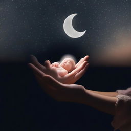 A hand holding a baby illuminated by a faint new moon