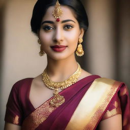 A beautiful girl wearing a traditional saree, adorned with a navel piercing, nose piercing, lip piercing, and ear piercings