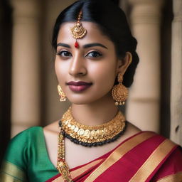 A beautiful girl wearing a traditional saree, adorned with a navel piercing, nose piercing, lip piercing, and ear piercings